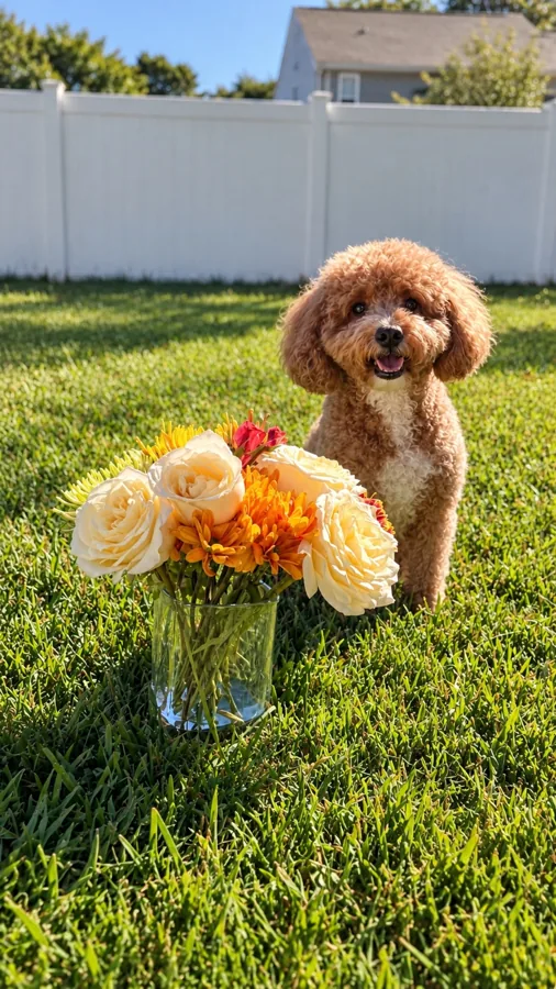 Phoenix sitting in the garden beside a bouquet of cream and orange flowers