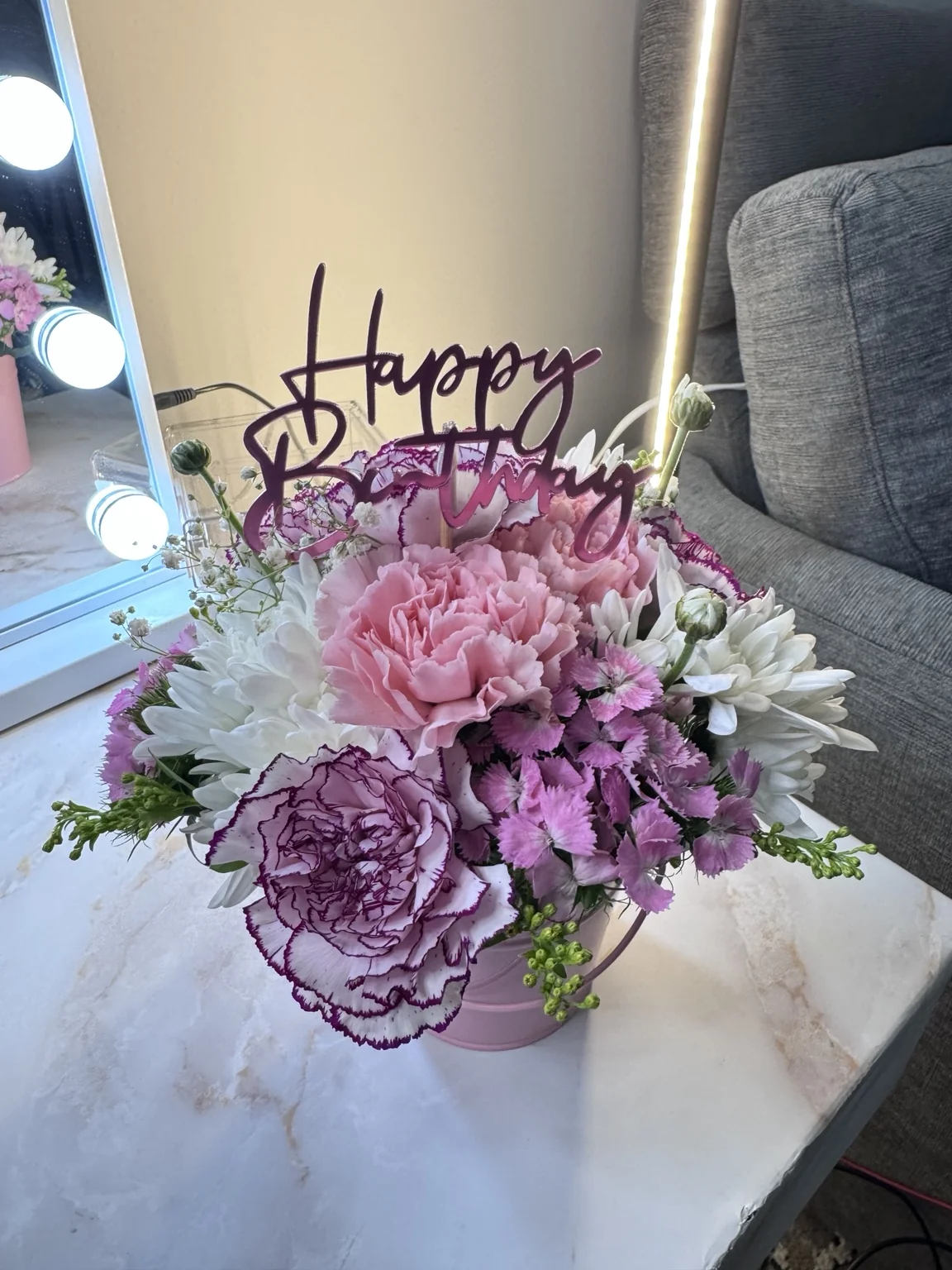 Pink and lavender birthday floral composition